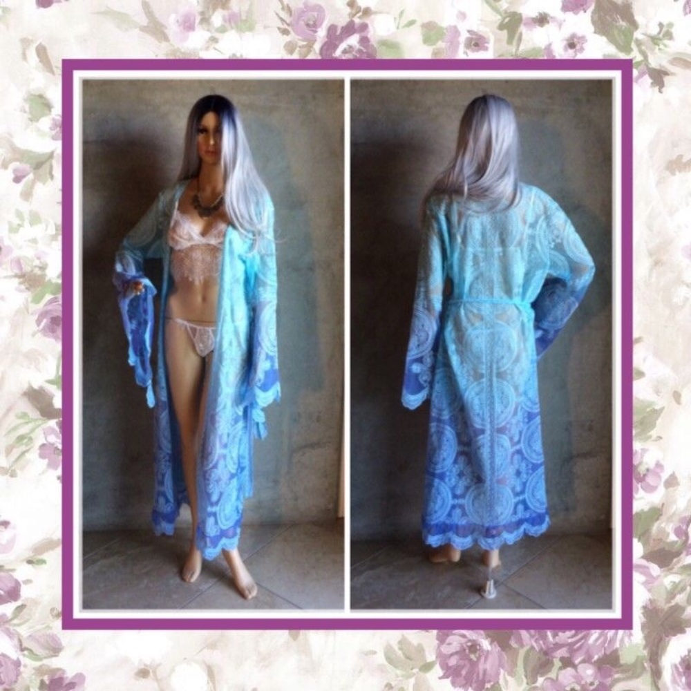 🌸 KIMONO ROBE CARDIGAN BELL SLEEVE OMBRE BLUE BOHO CHIC BOHEMIAN DUSTER BEACH - Picture 2 of 7